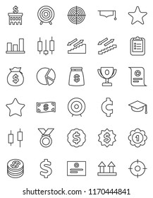 thin line vector icon set - graduate hat vector, clipboard, award cup, certificate, graph, pie, japanese candle, money bag, bank building, target, dollar medal, cent sign, stairways run, top, coin
