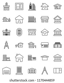 thin line vector icon set - university vector, school building, drawing compass, bank, stadium, dry cargo, hospital, home, cottage, chalet, barn, fence, plan, apartments, office, love, store, window