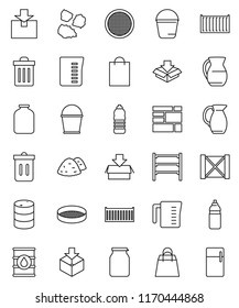 thin line vector icon set - bucket vector, trash bin, garbage pile, measuring cup, jug, sieve, jar, water bottle, sea container, wood box, consolidated cargo, package, oil barrel, shelving, fridge
