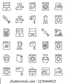thin line vector icon set - washer vector, washing powder, mixer, double boiler, blender, tomography, construction crane, card reader, dishwasher, coffee maker, meat grinder, sewing machine