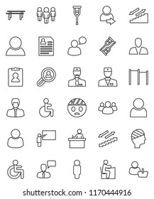 thin line vector icon set - blackboard vector, student, manager, man, personal information, horizontal bar, stairways run, speaking, group, disabled, doctor, crutches, head bandage, user, login