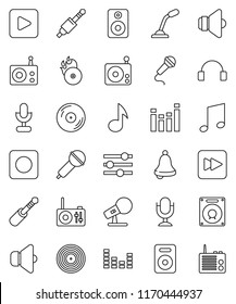 thin line vector icon set - bell vector, music, disk, hit, microphone, radio, speaker, equalizer, headphones, play button, forward, rec, jack