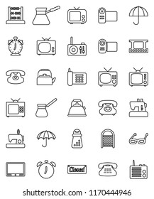 thin line vector icon set - washboard vector, kettle, hand mill, turk coffee, glasses, alarm clock, abacus, phone, umbrella, film frame, tv, classic, closed, video camera, sewing machine, radio