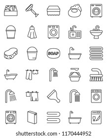 thin line vector icon set - soap vector, scraper, fetlock, bucket, sponge, towel, bath, drying clothes, washer, washing powder, shower, sink, dishwasher