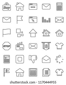 thin line vector icon set - calculator vector, flag, arrow up, dollar, document, equalizer, finger down, mail, stop button, browser, home, loading, house, buy, clothes