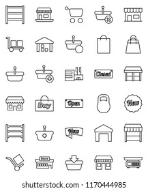 thin line vector icon set - office vector, cargo, warehouse, weight, shelving, new, open, closed, shopping bag, market, store, mall, buy, basket, cart, scales