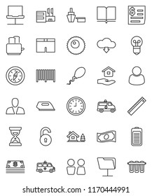 thin line vector icon set - house hold vector, water closet, toaster, book, ruler, compass, cash, clock, sand, shorts, receipt, port, battery, amkbulance car, sperm, ovule, notebook network, folder