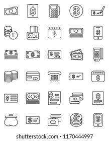 thin line vector icon set - credit card vector, cash, coin stack, check, receipt, dollar calendar, money, wallet, reader, tap pay