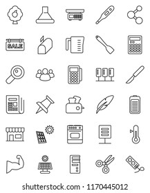 thin line vector icon set - measuring cup vector, spatula, thermometer, pen, calculator, scissors, muscule hand, molecule, newspaper, group, thumbtack, battery, magnifier, scalpel, server, mailbox