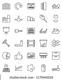 thin line vector icon set - scraper vector, trash bin, splotch, toilet paper, corner ruler, glasses, schedule, presentation, archive, exchange, graph, pie, swimsuite, navigator, ship, calendar, hub