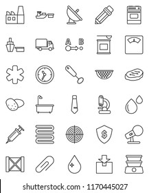 thin line vector icon set - water drop vector, bath, colander, towel, whisk, oven, potato, steak, pencil, tie, dollar shield, scales, target, sports nutrition, delivery, clock, port, wood box, route