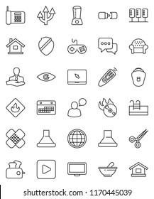 thin line vector icon set - client vector, calendar, flammable, music hit, gamepad, remote control, dialog, speaking man, monitor, notebook pc, play button, eye, scissors, patch, mortar, server