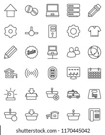 thin line vector icon set - pencil vector, arrow up, calendar, stadium, weight, notebook pc, group, pills, amkbulance car, diagnostic monitor, connect, connection, network, big data, server, gear