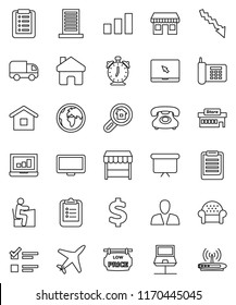 thin line vector icon set - student vector, alarm clock, clipboard, exam, laptop graph, crisis, presentation board, dollar sign, earth, office, plane, phone, sorting, monitor, notebook pc, network