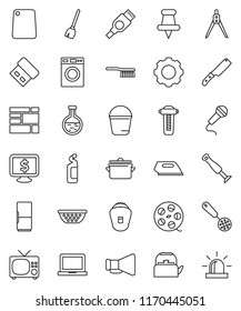 thin line vector icon set - broom vector, fetlock, bucket, washer, cleaning agent, pan, kettle, colander, skimmer, knife, cutting board, drawing compass, notebook pc, monitor dollar, film spool, tv