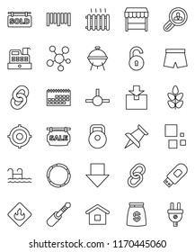 thin line vector icon set - bbq vector, target, arrow down, weight, shorts, cereals, hoop, calendar, package, flammable, barcode, social media, link, thumbtack, jack, connect, usb modem, loading