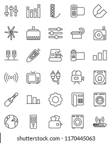 thin line vector icon set - magnet vector, earth, sorting, radio, tv, settings, equalizer, video camera, remote control, rca, jack, tomography, server, gear, lan connector, windmill, washer, toaster