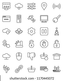 thin line vector icon set - dollar cursor vector, map pin, dry cargo, antenna, satellitie, finger down, pause button, diagnostic monitor, cloud network, shield, browser, gear, equalizer, firewall