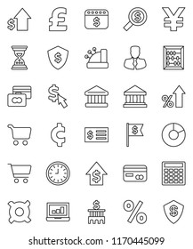thin line vector icon set - abacus vector, bank, pie graph, cart, laptop, credit card, percent growth, manager, dollar, building, calculator, receipt, money search, clock, sand, flag, shield, cursor