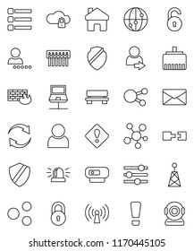 thin line vector icon set - antenna vector, internet, social media, notebook network, cloud lock, equalizer, menu, shield, firewall, hub, lan connector, share, home, bench, refresh, mail, connection