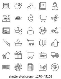 thin line vector icon set - cart vector, japanese candle, laptop graph, crisis, percent growth, dollar, cent sign, office, barcode, gift, sale, 24 hour, customer, support, target, buy, card reader