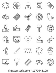 thin line vector icon set - flask vector, oxygen, ambulance star, heart cross, doctor, gender sign, dna, pregnancy, crutches, scissors, scalpel, sand clock, patch, pills blister, microbs, tomography