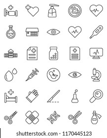 thin line vector icon set - liquid soap vector, rubber glove, school building, heart pulse, cross, thermometer, flask, eye, dna, magnifier, pregnancy, syringe, scissors, scalpel, patch, pills bottle