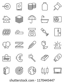 thin line vector icon set - vacuum cleaner vector, scales, blender, plates, jar, paper pin, world, gold ingot, japanese candle, coin stack, binder, euro sign, measuring, boxing glove, umbrella, bath