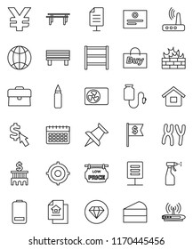 thin line vector icon set - sprayer vector, cake, certificate, case, bank building, target, dollar flag, cursor, yen sign, horizontal bar, punching bag, calendar, shelving, thumbtack, battery, bench