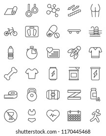 thin line vector icon set - measuring vector, scales, heart pulse, stopwatch, pills vial, bike, weight, buttocks, swimsuite, t shirt, skateboard, sports nutrition, enegry drink, molecule, calendar