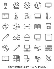 thin line vector icon set - pen vector, arrow up, clock, music hit, camera, antenna, notebook pc, stop button, browser, equalizer, loading, route, wireless, barcode, calculator, monitor, computer
