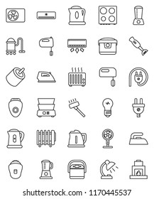 thin line vector icon set - vacuum cleaner vector, iron, kettle, mixer, oven, double boiler, blender, table lamp, rca, air conditioner, ari condition, power plug, multi cooker, epilator, fan, heater