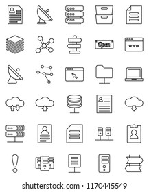 thin line vector icon set - notebook pc vector, document, archive, personal information, signpost, attention, satellite antenna, network, server, folder, cloud exchange, big data, browser, upload