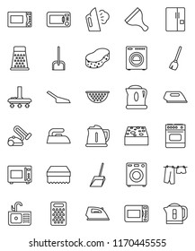 thin line vector icon set - scraper vector, broom, vacuum cleaner, scoop, sponge, iron, steaming, drying clothes, sink, kettle, colander, grater, microwave oven, washer, fridge