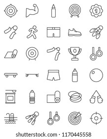 thin line vector icon set - award cup vector, target, hand trainer, punching bag, fitball, muscule, snickers, boxing glove, shorts, skateboard, medal, sports nutrition, water bottle, fitness mat