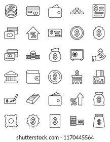 thin line vector icon set - school building vector, bank, dollar coin, gold ingot, credit card, wallet, percent growth, money bag, investment, check, receipt, medal, shield, safe, any currency