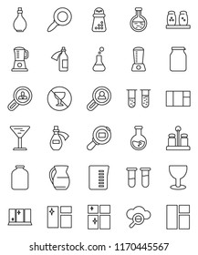 thin line vector icon set - window cleaning vector, shining, oil, measuring cup, hand mill, spices, jug, jar, magnifier, flask, no alcohol sign, glass, cargo search, vial, potion, cloud, client
