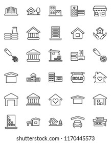 thin line vector icon set - house hold vector, skimmer, school building, university, bank, dry cargo, warehouse, hospital, cottage, chalet, garage, sold signboard, apartments, office, love home