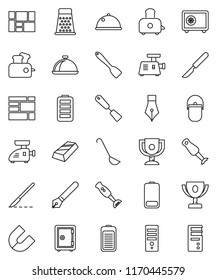 thin line vector icon set - camping cauldron vector, spatula, ladle, grater, toaster, blender, dish, pen, award cup, magnet, gold ingot, safe, consolidated cargo, battery, scalpel, meat grinder