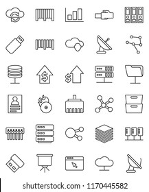 thin line vector icon set - presentation vector, archive, personal information, graph, dollar growth, binder, barcode, music hit, social media, network, server, folder, cloud, shield, exchange, hub