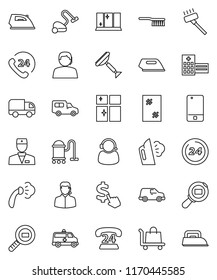 thin line vector icon set - scraper vector, vacuum cleaner, fetlock, window cleaning, iron, steaming, shining, dollar cursor, phone 24, support, car, cargo search, mobile, doctor, hospital building