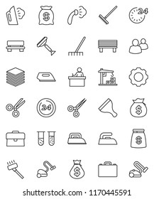 thin line vector icon set - scraper vector, vacuum cleaner, rake, iron, steaming, student, case, money bag, group, vial, scissors, big data, gear, bench, construction crane, 24 hour