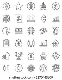 thin line vector icon set - clipboard vector, award cup, certificate, graph, pie, japanese candle, money bag, dollar growth, bank building, target, medal, cent sign, stairways run, top, favorites