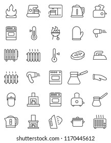 thin line vector icon set - iron vector, steaming, pan, camping cauldron, kettle, cook glove, turk coffee, toaster, oven, thermometer, bbq, steak, flammable, fireplace, heating, maker, hair dryer