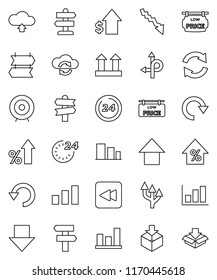 thin line vector icon set - graph vector, crisis, percent growth, dollar, target, arrow down, up, route, signpost, top sign, package, sorting, backward button, cloud exchange, refresh, redo, undo