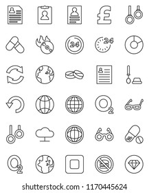 thin line vector icon set - toilet brush vector, glasses, world, personal information, pie graph, pound, pills, no fastfood, gymnast rings, oxygen, earth, music hit, stop button, cloud network, undo