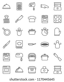 thin line vector icon set - pan vector, cook hat, apron, glove, timer, spatula, knife, grater, oven, double boiler, cookbook, sieve, dish, mixer, multi cooker, toaster