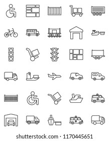 thin line vector icon set - school bus vector, bike, Railway carriage, plane, traffic light, ship, truck trailer, sea container, delivery, car, port, consolidated cargo, warehouse, disabled, garage