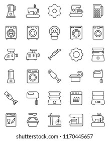 thin line vector icon set - washer vector, washing powder, mixer, double boiler, blender, tomography, gear, construction crane, card reader, dishwasher, coffee maker, meat grinder, sewing machine