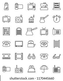 thin line vector icon set - washboard vector, kettle, hand mill, turk coffee, glasses, alarm clock, abacus, phone, umbrella, film frame, radio, tv, classic, video camera, sewing machine